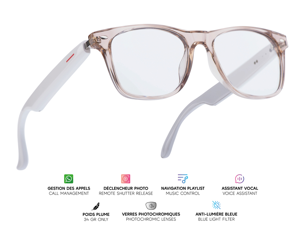 Lunettes connectées Mogie. - Modèle Sirius - Branches blanches avec monture champagne et verres photochromiques