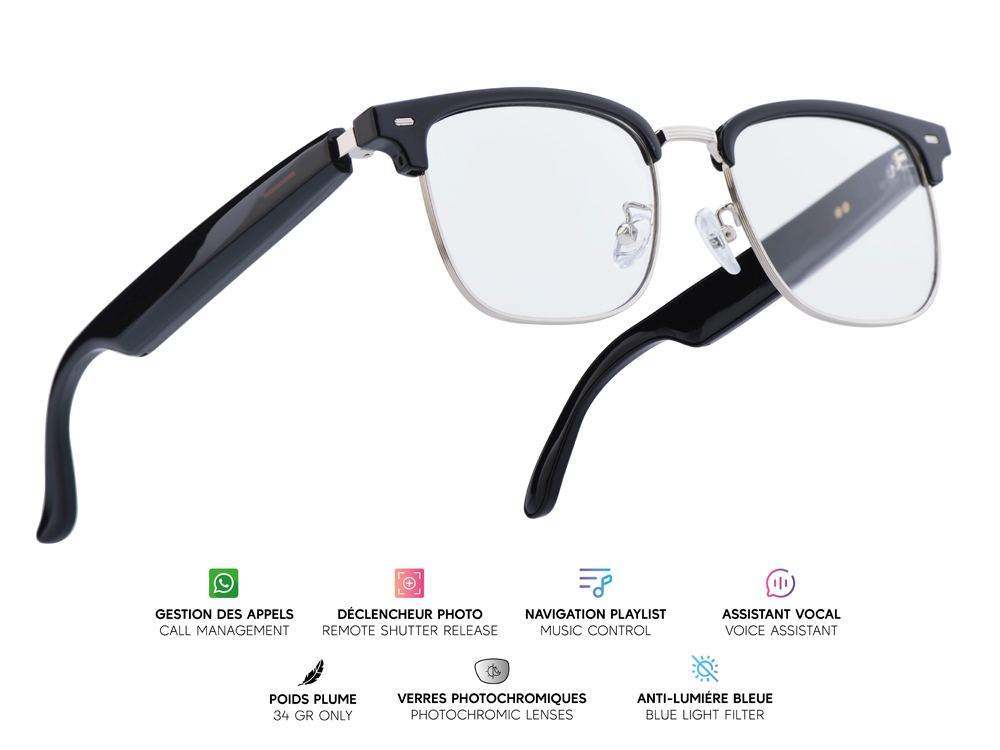Lunettes connectées Mogie. - Modèle Vega - Branches noires avec cerclage argenté et verres photochromiques