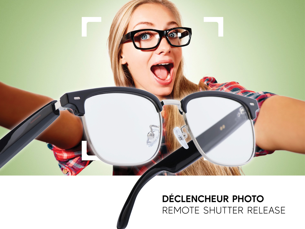 Lunettes connectées Mogie. - Modèle Vega - Branches noires avec cerclage argenté et verres photochromiques
