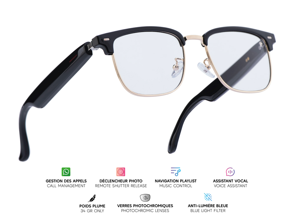 Lunettes connectées Mogie. - Modèle Vega - Branches noires avec cerclage doré et verres photochromiques