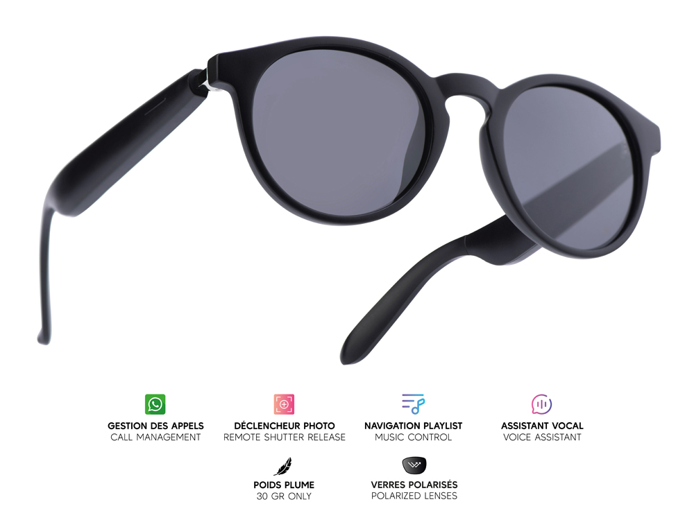 Lunettes connectées Mogie. - Modèle Eos - Branches noires avec monture noire et verres solaires polarisés