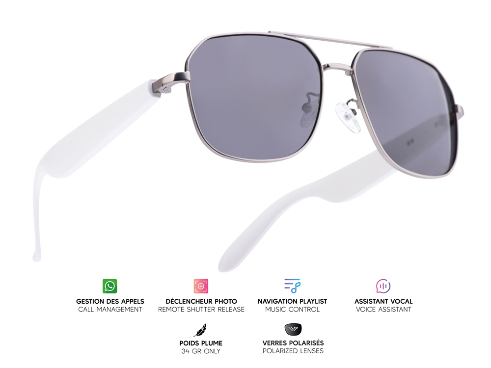 Lunettes connectées Mogie. - Modèle Thalos - Branches blanches avec monture argentée mate et verres solaires polarisés