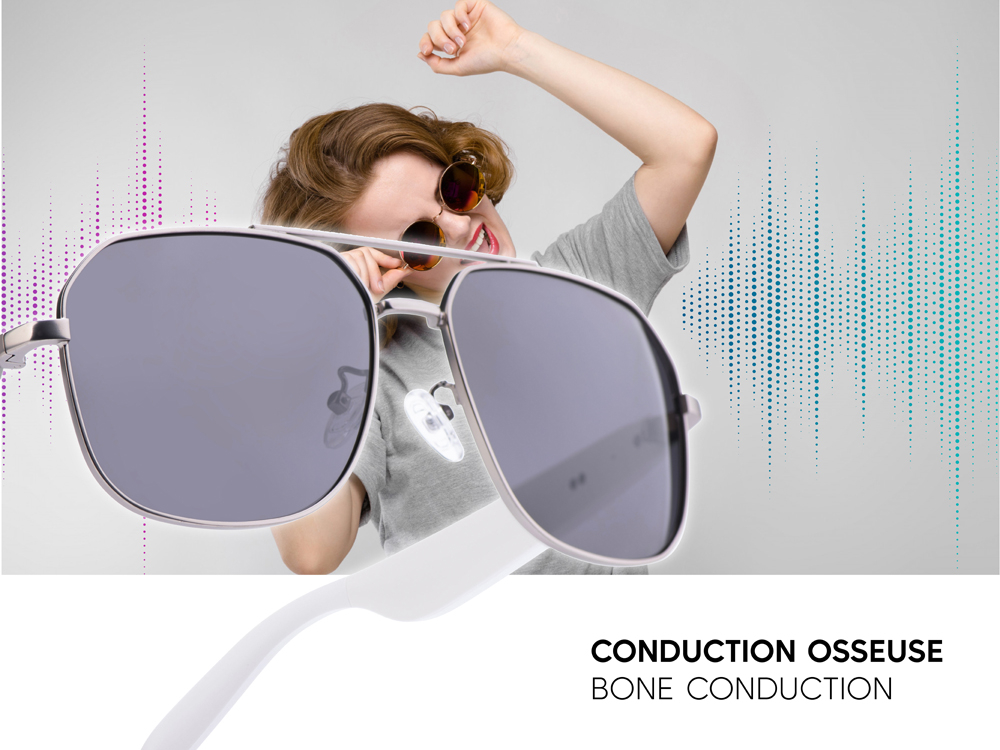 Lunettes connectées Mogie. - Modèle Thalos - Branches blanches avec monture argentée mate et verres solaires polarisés