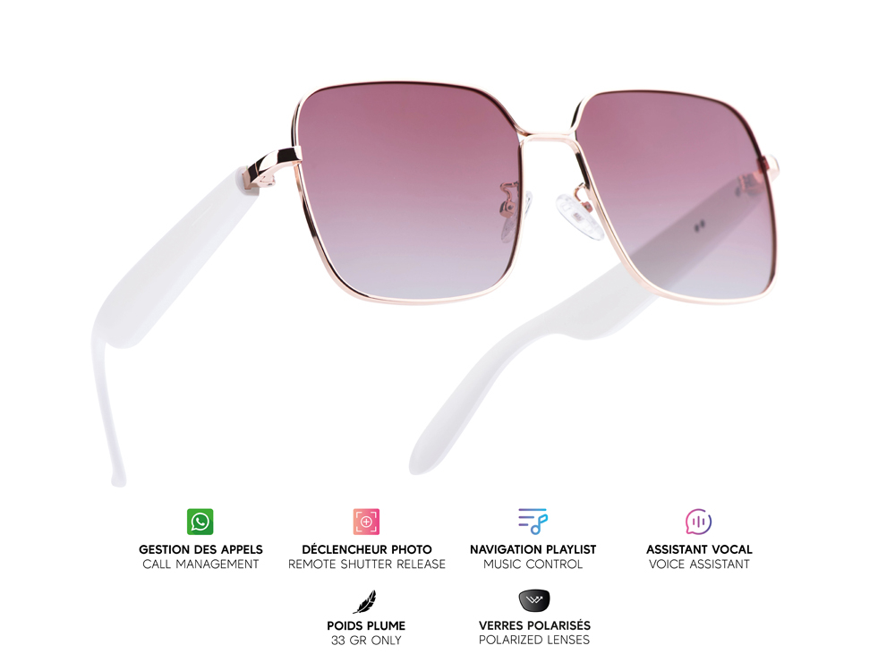 Lunettes connectées Mogie. - Modèle Nyra - Branches blanches avec monture or rose et verres solaires polarisés