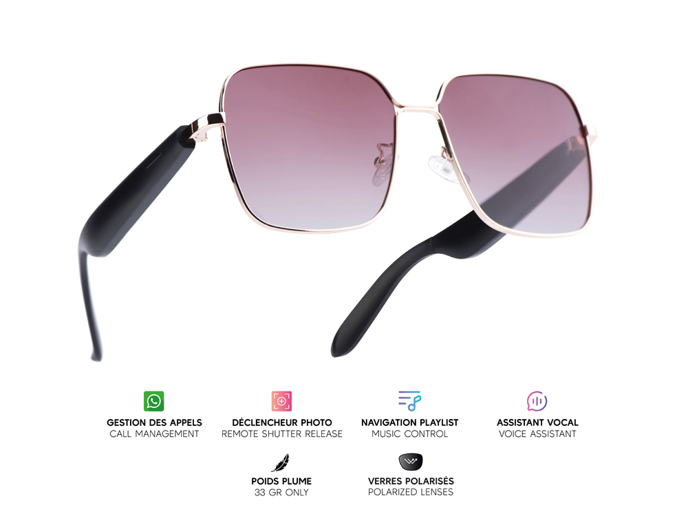 Lunettes connectées Mogie. - Modèle Nyra - Branches noires avec monture or rose et verres solaires polarisés
