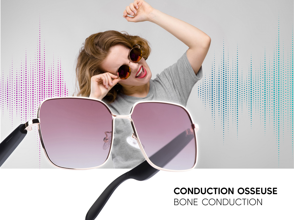 Lunettes connectées Mogie. - Modèle Nyra - Branches noires avec monture or rose et verres solaires polarisés