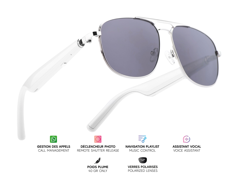 Lunettes connectées Mogie. - Modèle Nexis - Branches blanches avec monture argentée et verres solaires polarisés