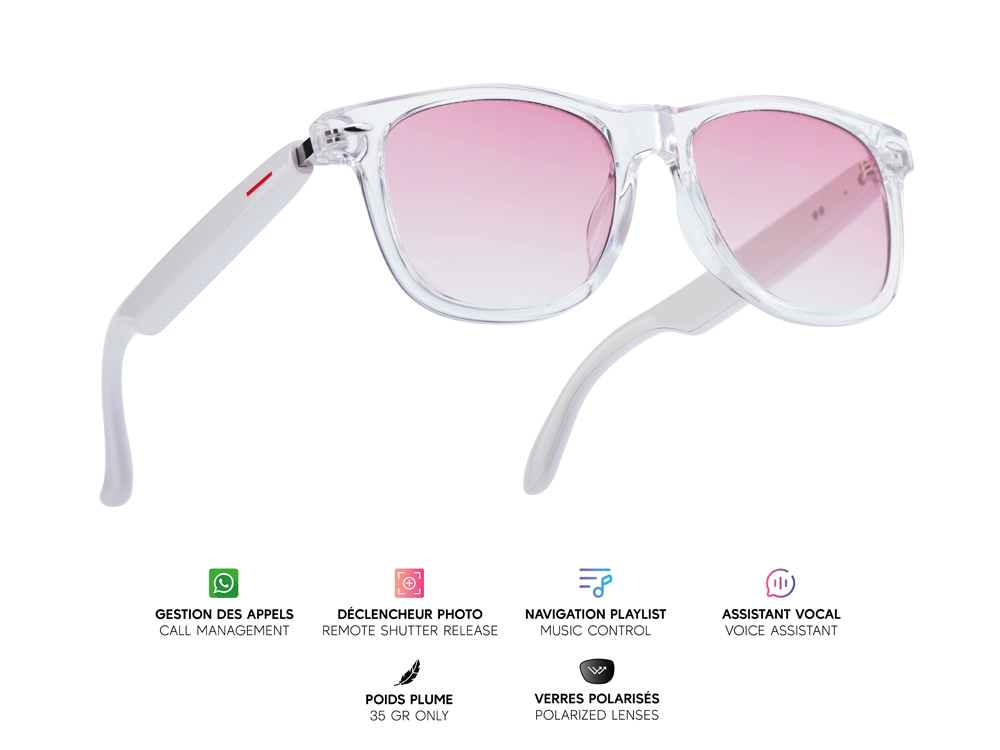 Lunettes connectées Mogie. - Modèle Dione - Branches blanches avec monture transparente et verres teintés rose