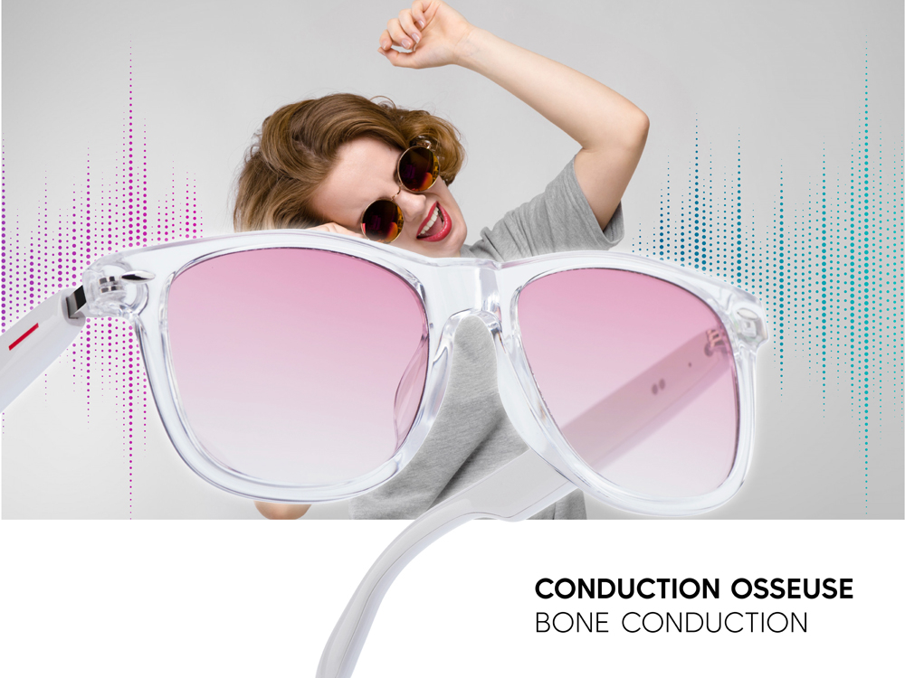 Lunettes connectées Mogie. - Modèle Dione - Branches blanches avec monture transparente et verres teintés rose
