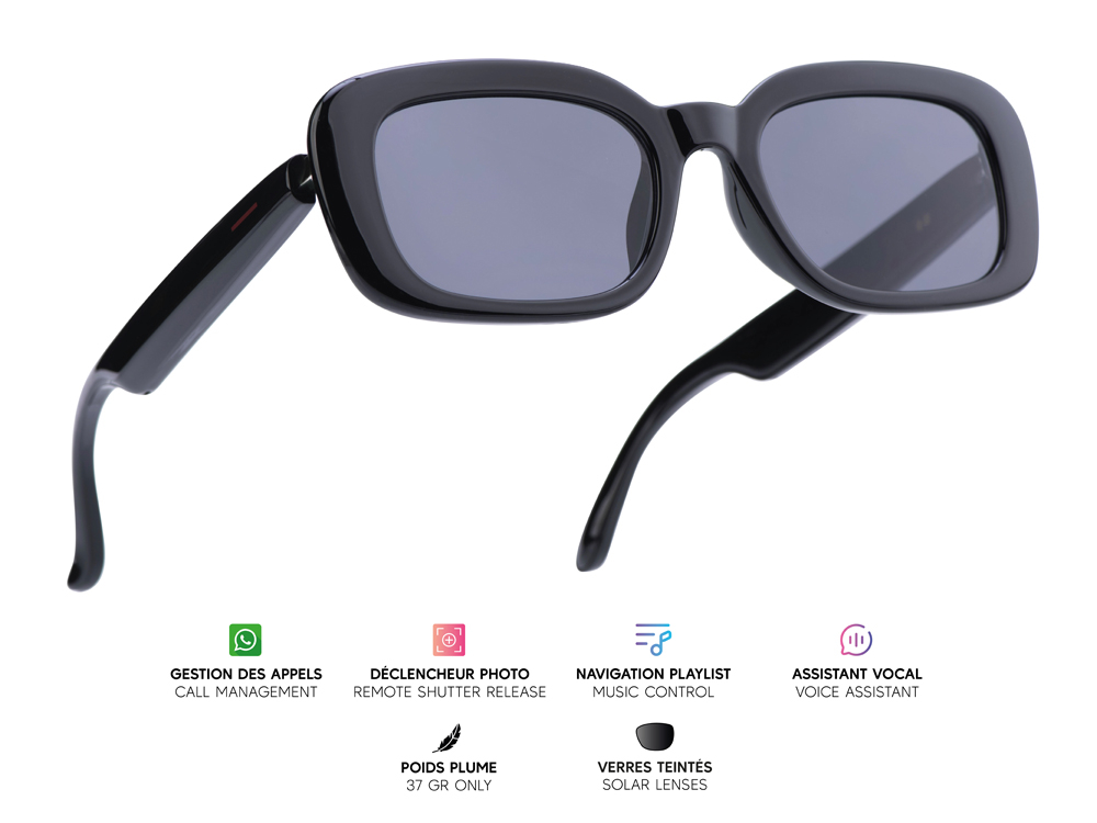Lunettes connectées Mogie. - Modèle Mira - Branches noires avec monture noire et verres solaires