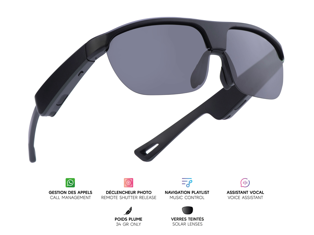 Lunettes connectées Mogie. - Modèle Atlas - Branches noires avec monture noire et verres solaires
