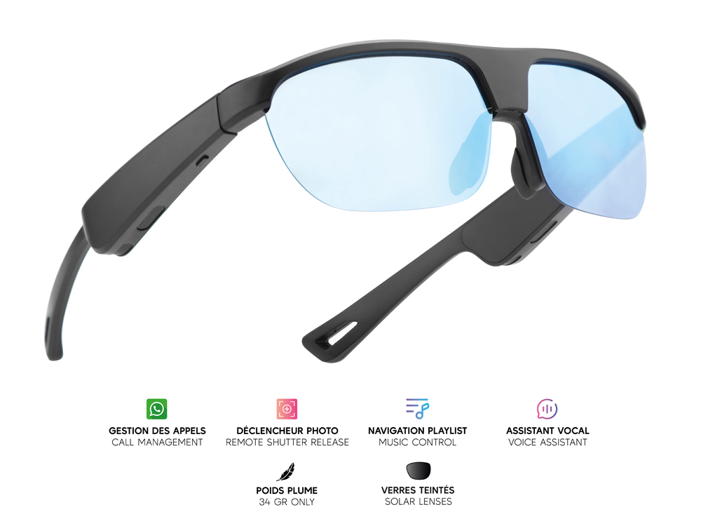 Lunettes connectées Mogie. - Modèle Atlas - Branches noires avec monture noire et verres solaires teintés bleu
