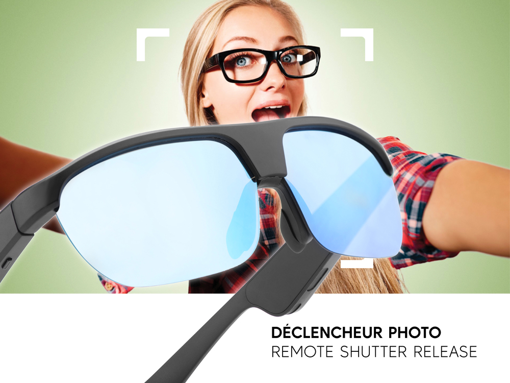 Lunettes connectées Mogie. - Modèle Atlas - Branches noires avec monture noire et verres solaires teintés bleu