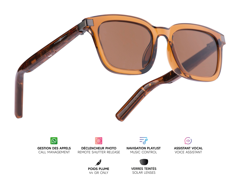 Lunettes connectées Mogie. - Modèle Caeli - Branches café translucides avec monture caramel et verres solaires teintés marron