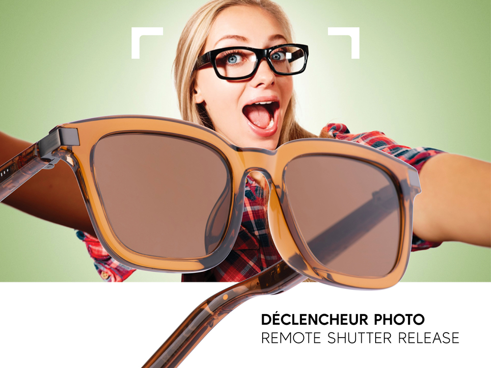 Lunettes connectées Mogie. - Modèle Caeli - Branches café translucides avec monture caramel et verres solaires teintés marron