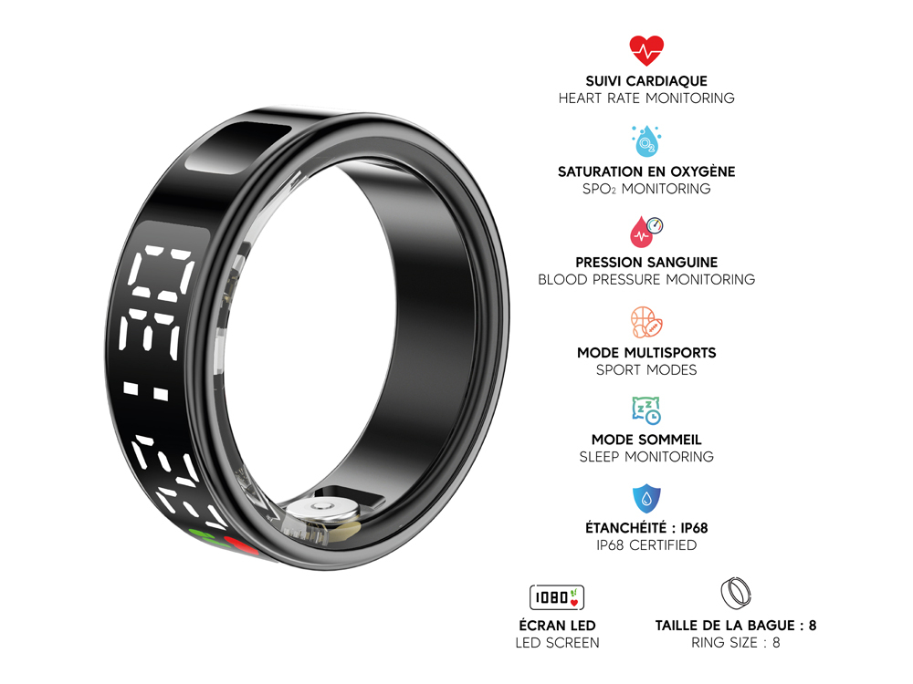 Bague connectée Mogie.avec écrin - Modèle Saturn - Coloris Noir - Taille 8