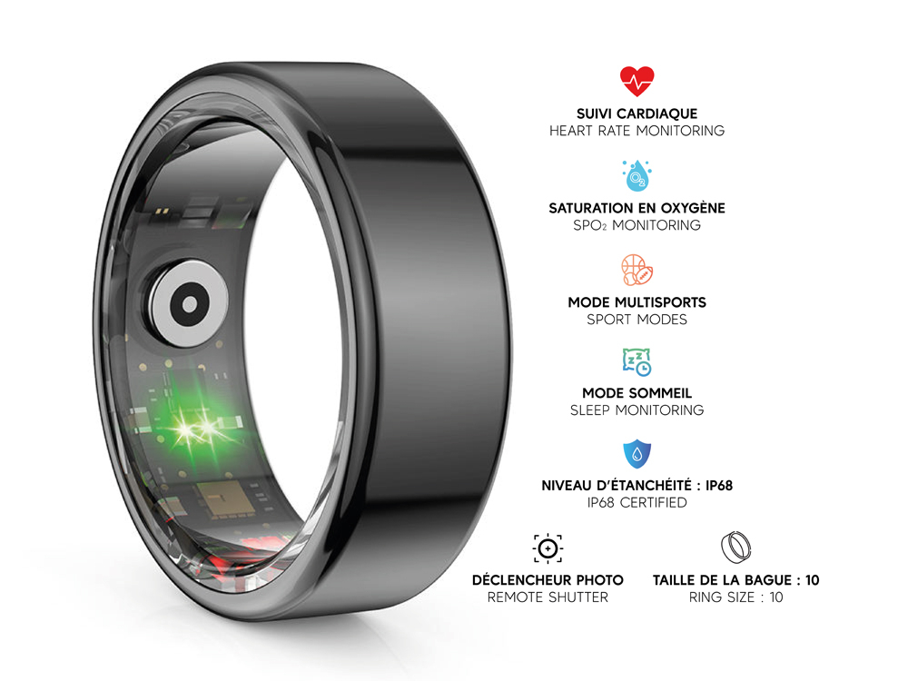 Bague connectée Mogie.avec étui - Modèle Titan - Coloris Noir - Taille 10