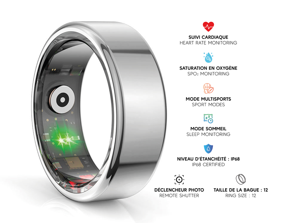Bague connectée Mogie.avec étui - Modèle Titan - Coloris Argent - Taille 12