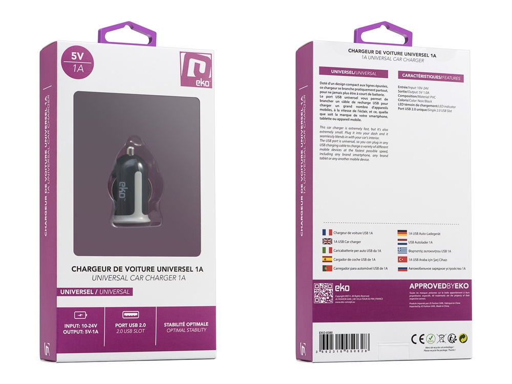 Chargeur voiture USB universel 1A - Noir