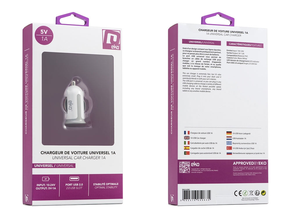 Chargeur voiture USB universel 1A - Blanc