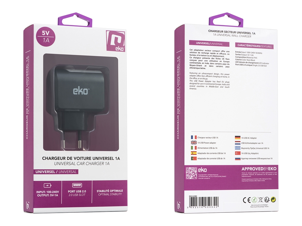 Chargeur secteur USB universel 1A - Noir