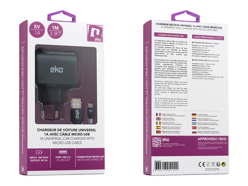 Kit 2 en 1 chargeur secteur USB noir 1A avec câble micro-usb