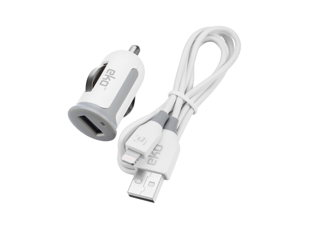 Kit 2 en 1 chargeur voiture USB blanc 1A avec câble lightning MFI