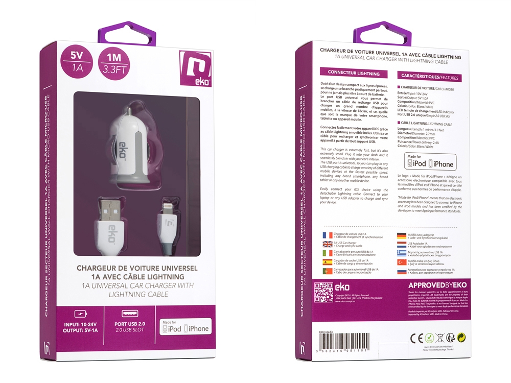 Kit 2 en 1 chargeur voiture USB blanc 1A avec câble lightning MFI