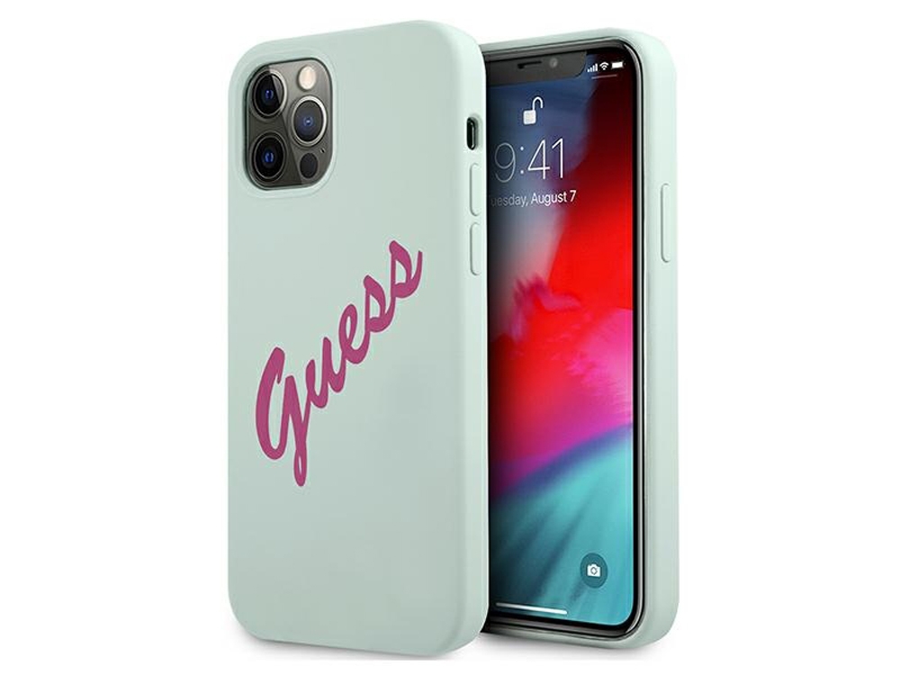 GUESS - Coque Silicone Vintage bleu fuchsia pour iPhone 12 & 12 Pro
