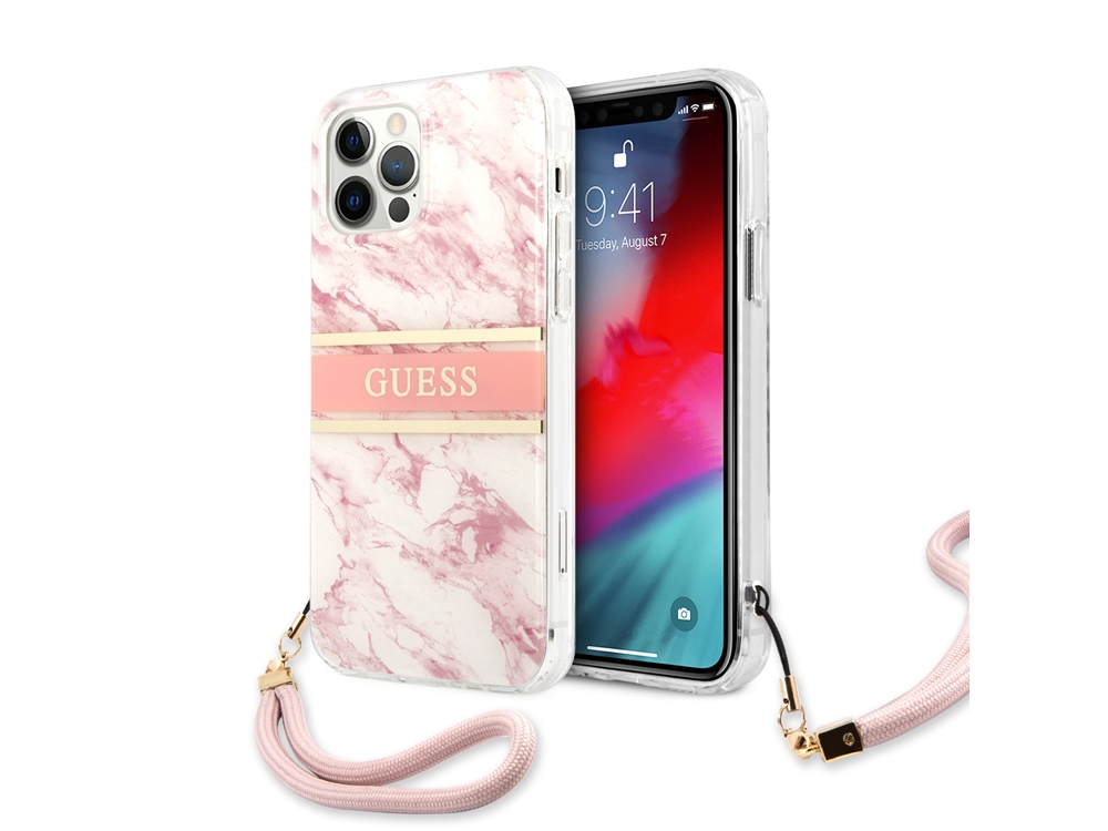 Coque Guess Marble Strap avec lanière nylon pour iPhone 12 et iPhone 12 Pro - Rose