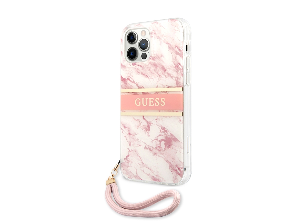 Coque Guess Marble Strap avec lanière nylon pour iPhone 12 et iPhone 12 Pro - Rose