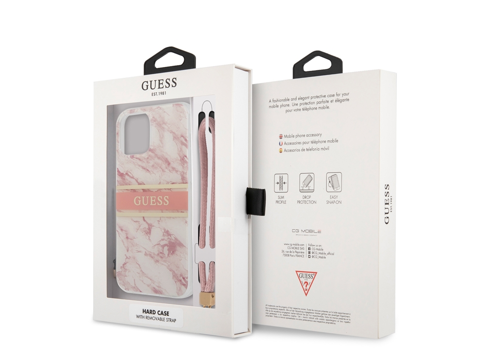 Coque Guess Marble Strap avec lanière nylon pour iPhone 12 et iPhone 12 Pro - Rose