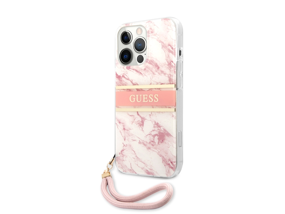 Coque Guess Marble Strap avec lanière nylon pour iPhone 13 Pro - Rose