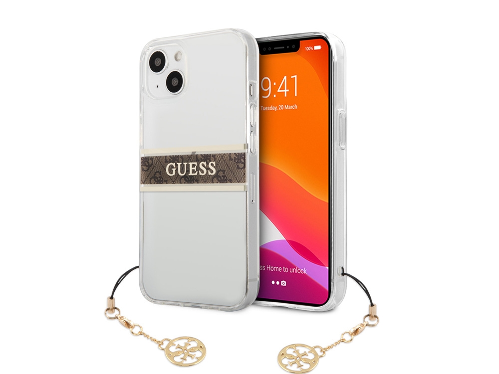 Coque Guess Stripe Charm avec breloque pour iPhone 13 Mini - Marron