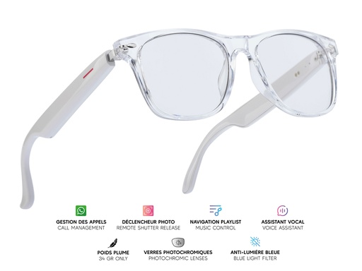 [MG003] Lunettes connectées Mogie. - Modèle Sirius - Branches blanches avec monture transparente et verres photochromiques