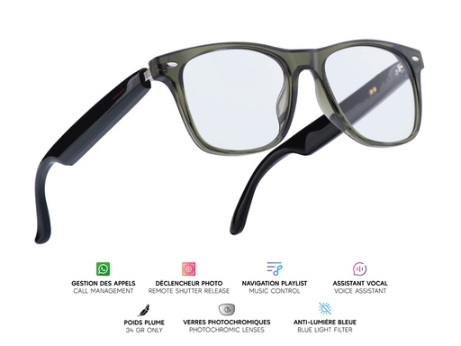 [MG004] Lunettes connectées Mogie. - Modèle Sirius - Branches noires avec monture verte et verres photochromiques