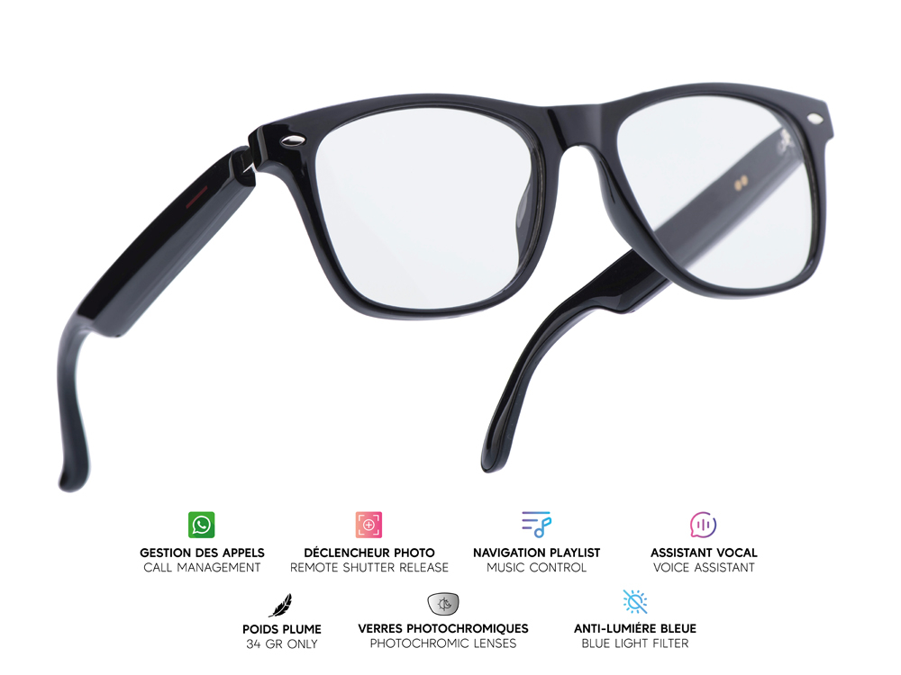 Lunettes connectées Mogie. - Modèle Sirius - Branches noires avec monture noire et verres photochromiques