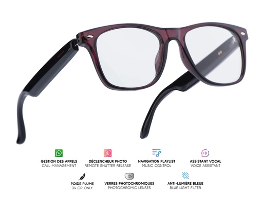 [MG007] Lunettes connectées Mogie. - Modèle Sirius - Branches noires avec monture ébène et verres photochromiques