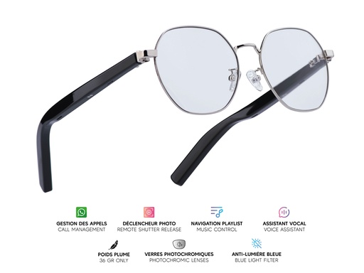 [MG010] Lunettes connectées Mogie. - Modèle Orion - Branches noires avec cerclage argenté et verres photochromiques
