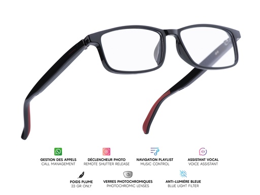 [MG013] Lunettes connectées Mogie. - Modèle Lunor - Branches noires amovibles avec monture noire et verres photochromiques