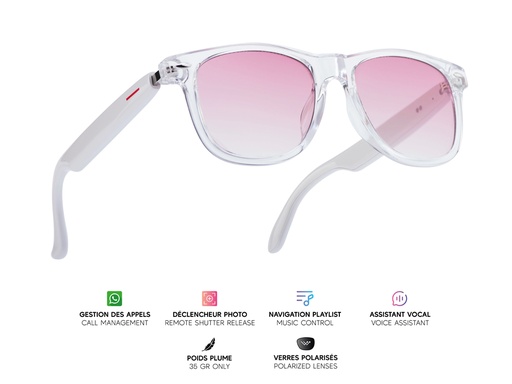 [MG025] Lunettes connectées Mogie. - Modèle Dione - Branches blanches avec monture transparente et verres teintés rose