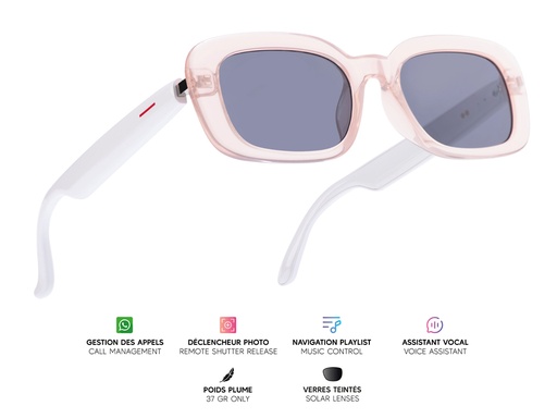 [MG027] Lunettes connectées Mogie. - Modèle Mira - Branches blanches avec monture rose et verres solaires