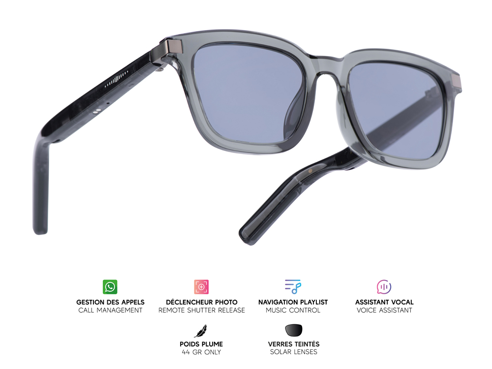 Lunettes connectées Mogie. - Modèle Caeli - Branches noires translucides avec monture noire et verres solaires