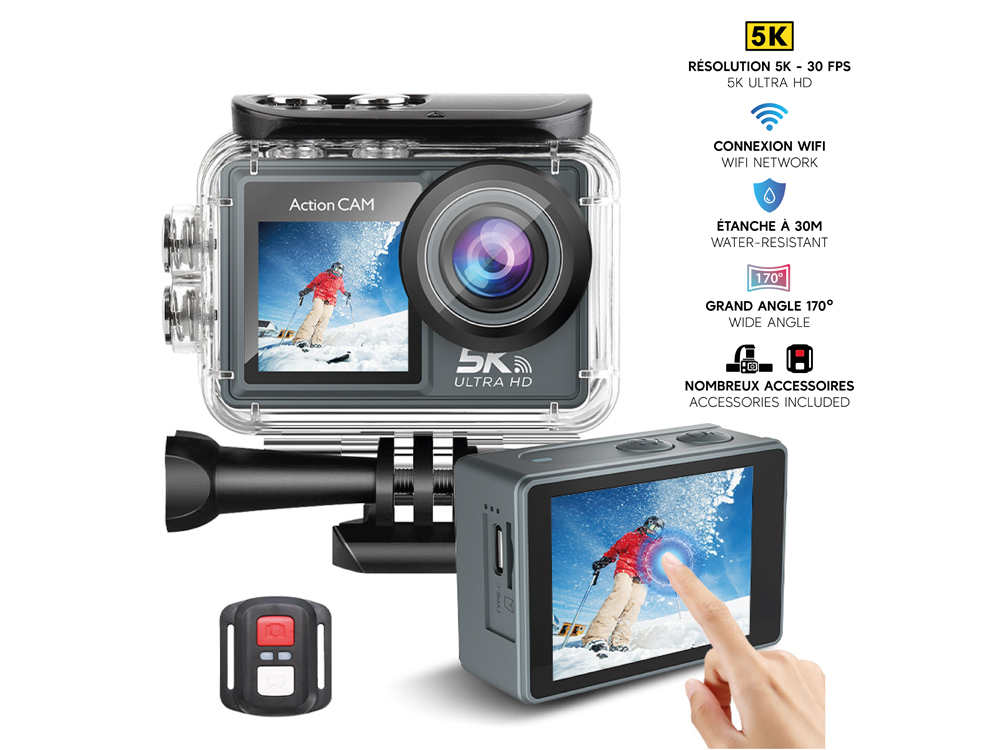 Caméra sport 5K Wifi avec accessoires et caisson étanche - Modèle Delta - Coloris Noir