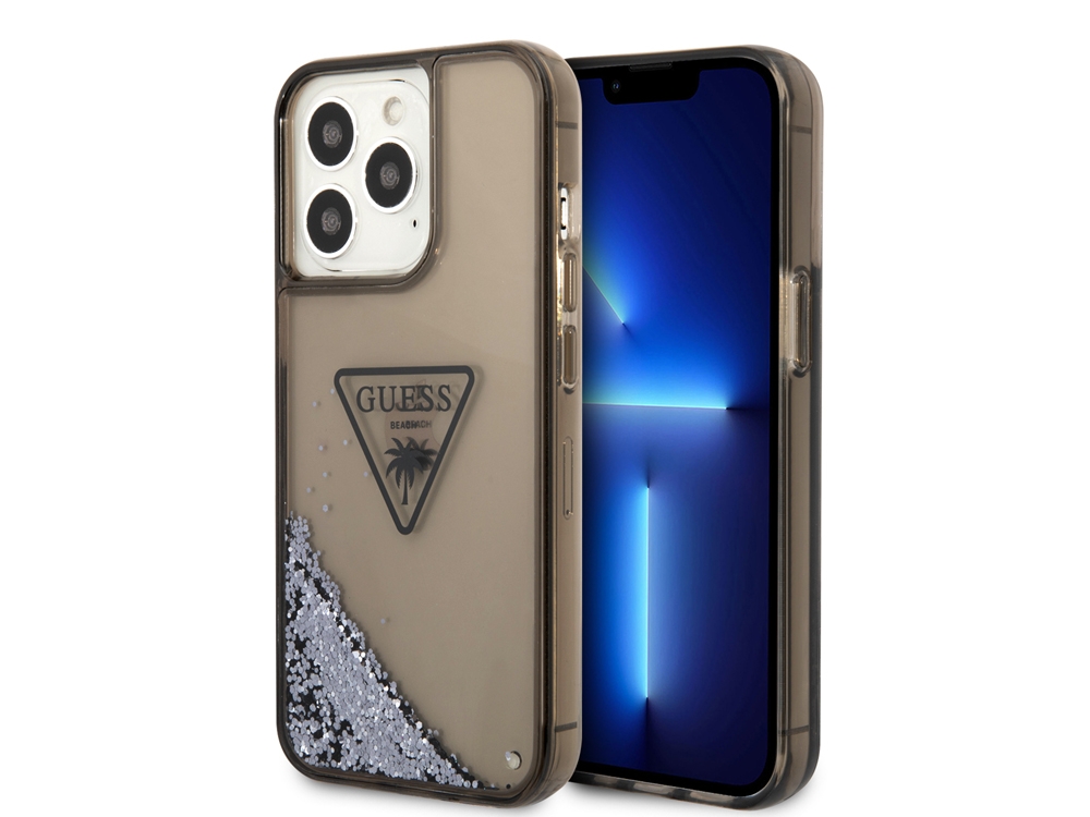 Coque Guess Glitter Palm à paillettes flottantes pour iPhone 14 Pro - Noire translucide