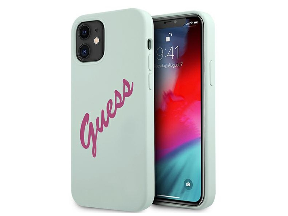GUESS - Coque Silicone Vintage bleu fuchsia pour iPhone 12 Mini