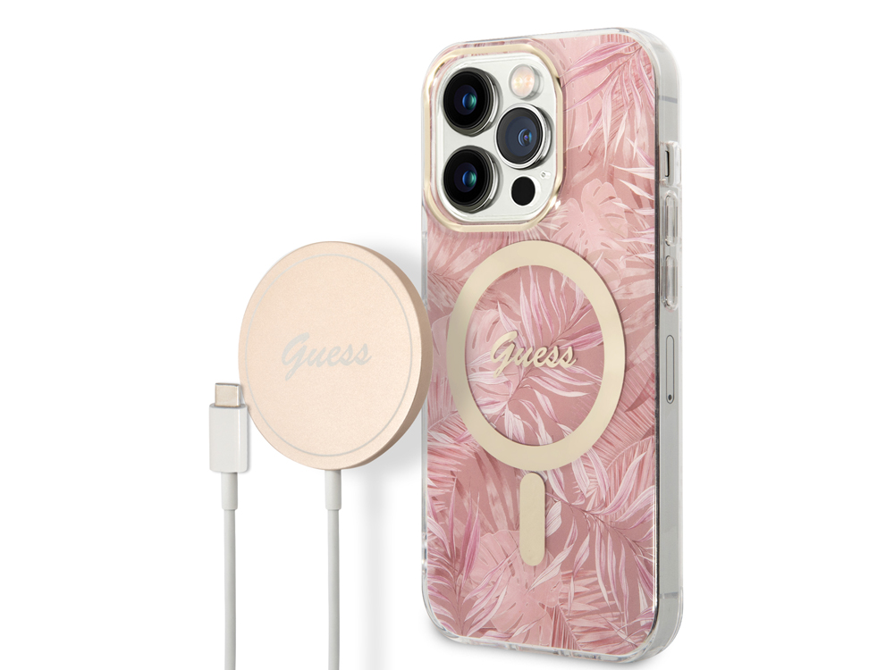 Bundle Chargeur 15W Guess Magsafe + Coque Magsafe Jungle Kaki pour iPhone 14 Pro
