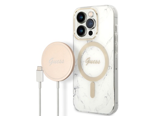 [H3217] Bundle Chargeur 15W Guess Magsafe + Coque Magsafe Marble Blanche pour iPhone 14 Pro Max (Blanc)