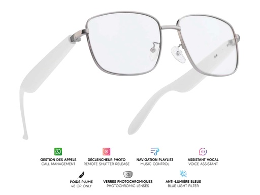 [MG002] Lunettes connectées Mogie. - Modèle Lyra - Branches blanches avec verres photochromiques (Blanc / Gris)