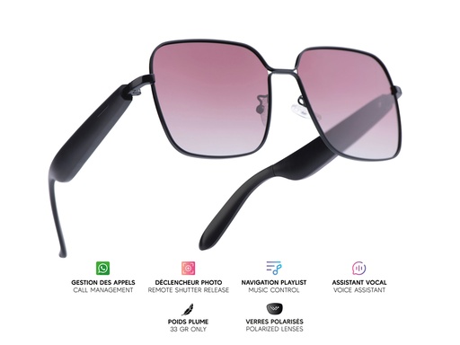 [MG019] Lunettes connectées Mogie. - Modèle Nyra - Branches noires avec monture or rose et verres solaires polarisés (Noir)